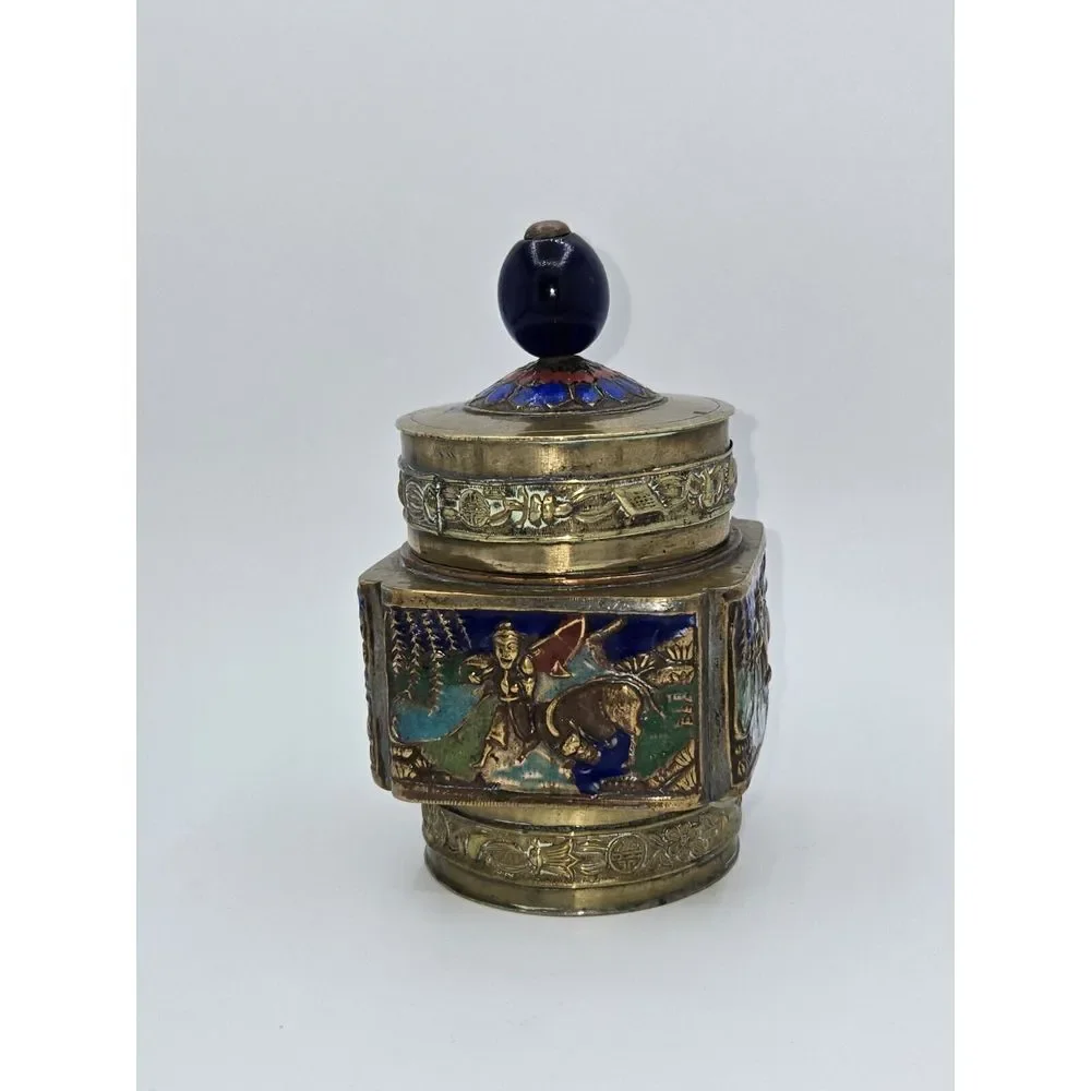 Antique‎ Chinese Brass Enameled Tea Canister